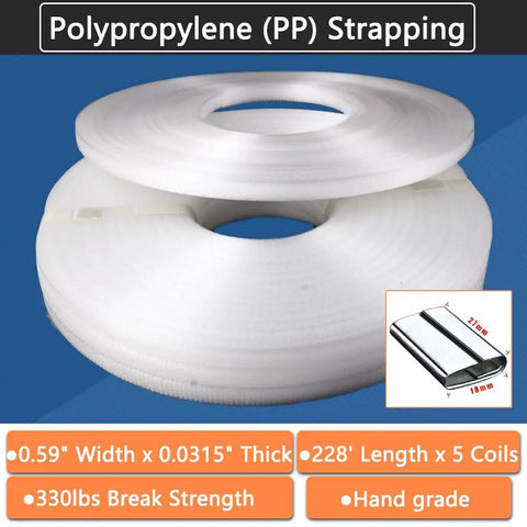 Heavy Duty PP Strapping Coil Kit 0.59 In Wide X 0.0315 In Thick, 330 Lb Break Strength, White Poly Strapping, 5 Coils With 100 Iron Buckles