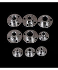 Rugged One Piece Flange Shaft Coupling No Sweat Setup And Heavy Duty High Hardness Build Awesome For Motor Guide Shaft Optical Axis Bearing Mounts Diy Gear Mods 4Mm displayed from above with multiple sizes and holes.