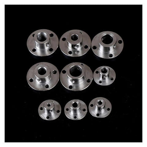 Rugged One Piece Flange Shaft Coupling No Sweat Setup And Heavy Duty High Hardness Build Awesome For Motor Guide Shaft Optical Axis Bearing Mounts Diy Gear Mods 4Mm displayed from above with multiple sizes and holes.