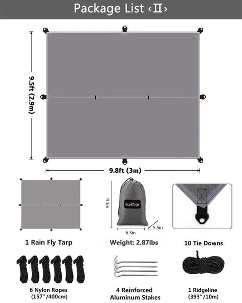 All In One Camping Hammock Kit With Rain Fly Tarp Netting And Go To Gear Waterproof Bundle package list with tarp and accessories