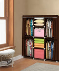 Portable Closet Wardrobe With 50 Inch Steel Frame And Non Woven Fabric Cover Four Hanging Rods And Four Storage Shelves Easy Assembly Brown Space Saver Organizer For Clothes And Gear.