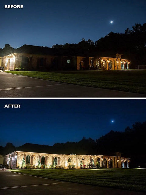 Outdoor LED Flood Light 16W 1500 Lumen Walkway Security Light 3000K Warm White Waterproof with night and lit building