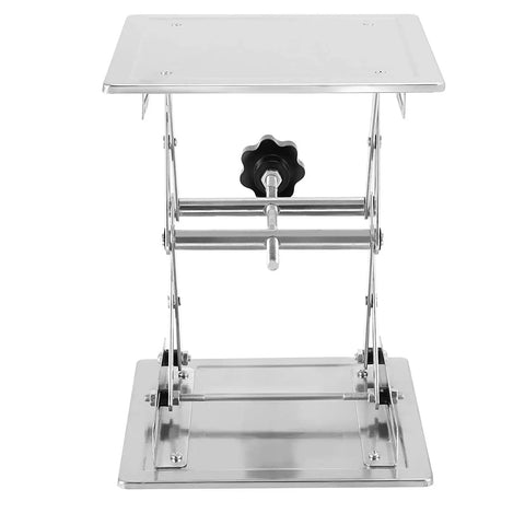 2 Pack 8 Inch Lab Jack Scissor Stand Made From Stainless Steel Sturdy Lab Lift Table Platform Expandable Height Range 85mm To 280mm Supports Up To 15 Kg 33 Lbs For Easy Lab Setup. Front view showing adjustable platform and knob.