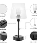 Diagram of Set Of 2 Cozy Bedside Lamps For Bedrooms With 3 Color Temperatures From 2700K To 5000K USB C And USB A Charging Port And AC Outlet