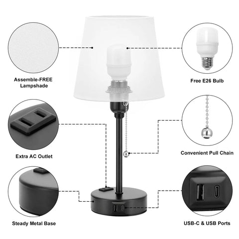Diagram of Set Of 2 Cozy Bedside Lamps For Bedrooms With 3 Color Temperatures From 2700K To 5000K USB C And USB A Charging Port And AC Outlet