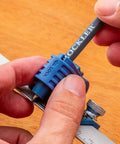 Hands using 9 Inch Quick Draw Marking Gauge For One Hand Operation With Spring Loaded Pencil Carriage And Dovetail Keyway on wood surface