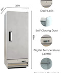 Rock Solid Heavy Duty 25 Inch Single Door Stainless Steel Commercial Freezer 11 Cubic Foot Reach In Unit with door lock and digital controls.