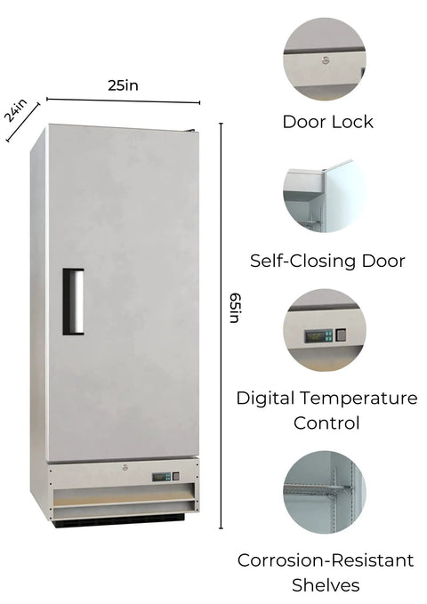 Rock Solid Heavy Duty 25 Inch Single Door Stainless Steel Commercial Freezer 11 Cubic Foot Reach In Unit with door lock and digital controls.