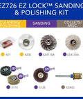 EZ Lock Sanding And Polishing Rotary Accessory Kit, 8 Piece Set, shown with various sanding and polishing components.