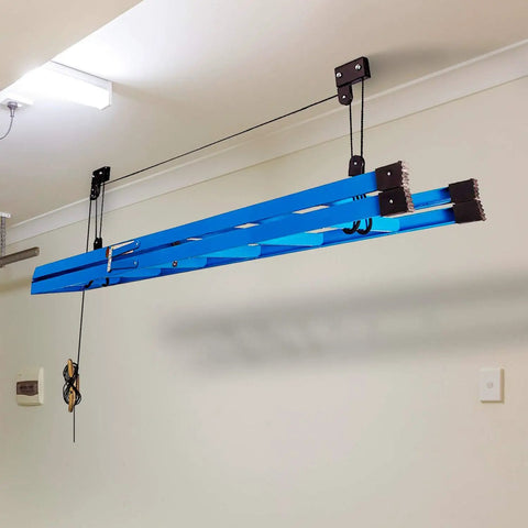 Ceiling Mount Bike Hoist Set Of 2 With Pulley System And Bike Hangers Easy Overhead Storage For Garage Or Workshop Holds Up To 55 Lbs Each Heavy Duty Rope Smooth Operation Space Saving, blue hoist mounted on ceiling