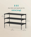 Three Tier Shoe Rack Organizer For Entryway With No-Fuss Space Saving Metal Frame And Non Woven Fabric Shelves, Black Shoe Storage Unit, 11.7 Inches Deep, 24.5 Inches Wide, 21 Inches High, Holds Four Pairs Women’s Shoes Or Three Pairs Men’s Shoes illustration showing dimensions and load capacity