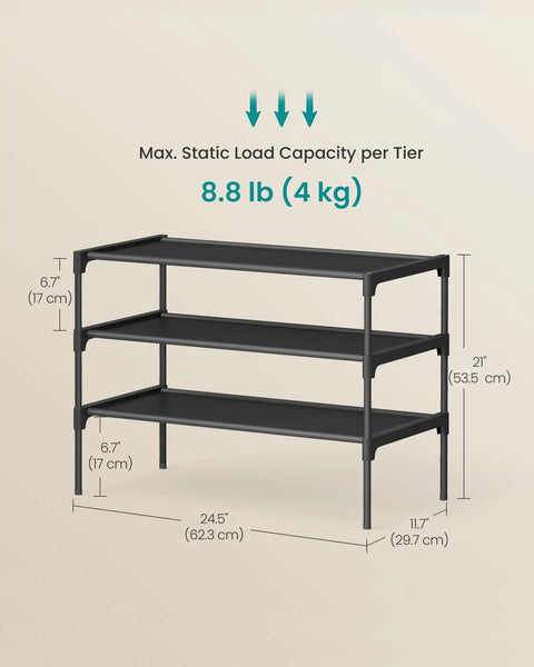Three Tier Shoe Rack Organizer For Entryway With No-Fuss Space Saving Metal Frame And Non Woven Fabric Shelves, Black Shoe Storage Unit, 11.7 Inches Deep, 24.5 Inches Wide, 21 Inches High, Holds Four Pairs Women’s Shoes Or Three Pairs Men’s Shoes illustration showing dimensions and load capacity