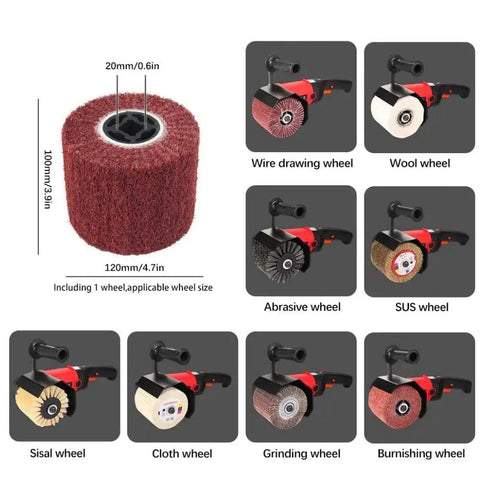 Workhorse 1400W Electric Burnishing Polishing Machine with various polishing wheels including wire drawing and wool wheel