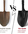 Comparison of regular spade with rust versus Heavy Duty 31 Inch Shovel With D Handle For Camping And Digging, Tough Steel Spade in black.