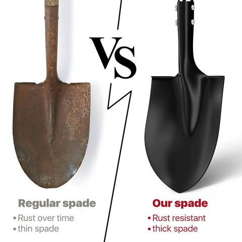 Comparison of regular spade with rust versus Heavy Duty 31 Inch Shovel With D Handle For Camping And Digging, Tough Steel Spade in black.