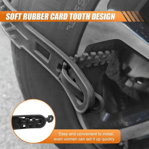 Close-up of Built Tough Universal Car Snow Tire Chains Reusable Tpu Anti Skid Grips on a tire showcasing soft rubber tooth design.