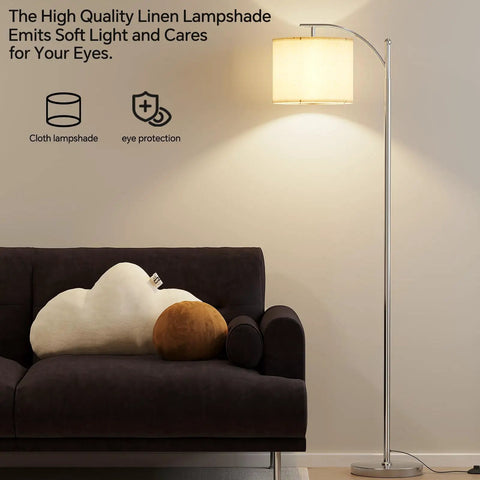 Arc Floor Lamp With Remote Control And Stepless Dimming, 9W Bulb, Adjustable Color Temperature beside couch