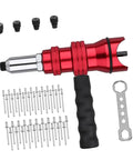 Upgrade Your Gear With This Ultimate Durability Drill Adapter For Riveting That Slaps With 100 AntiCorro Coated Rivets Perfect For Trailer Hacks HVAC Fixes And Snagging Stuck Bolts In Hard Metal Jobs Fast. Red metal drill adapter with 100 rivets, brass tips, and wrench