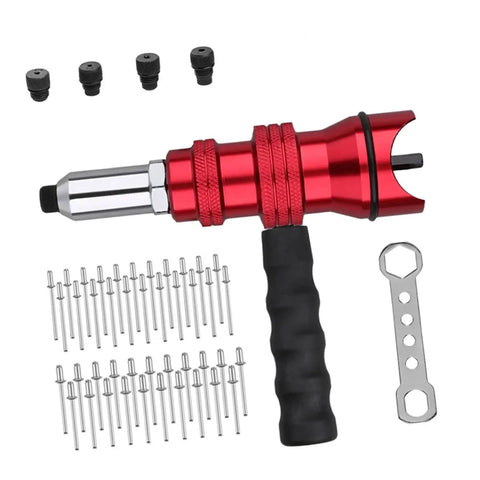 Upgrade Your Gear With This Ultimate Durability Drill Adapter For Riveting That Slaps With 100 AntiCorro Coated Rivets Perfect For Trailer Hacks HVAC Fixes And Snagging Stuck Bolts In Hard Metal Jobs Fast. Red metal drill adapter with 100 rivets, brass tips, and wrench