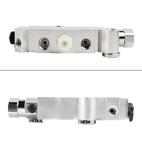 Universal Disc Drum Brake Proportioning Valve With Smooth Stopping Power For Heavy Duty Rides, side view showing ports and fittings.