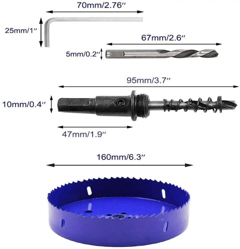 Components of 6.3 Inch Hole Saw Kit With Hex Shank Drill Bit Adapter Bi Metal HSS Cutter For Wood Plastic Drywall