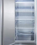 Beefy Frost Free Upright All Freezer Delivering Solid Twenty Three Cubic Feet Chill Capacity Digital Thermostat Interface with stainless steel exterior.