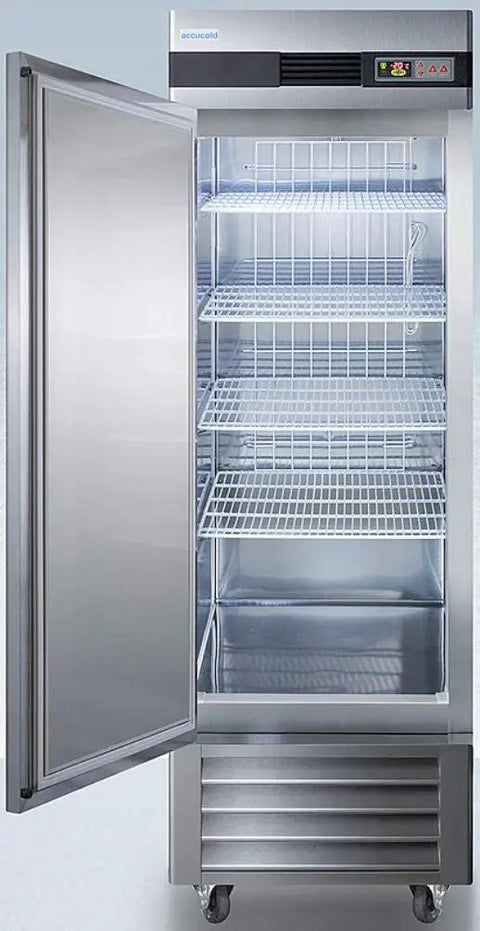 Beefy Frost Free Upright All Freezer Delivering Solid Twenty Three Cubic Feet Chill Capacity Digital Thermostat Interface with stainless steel exterior.