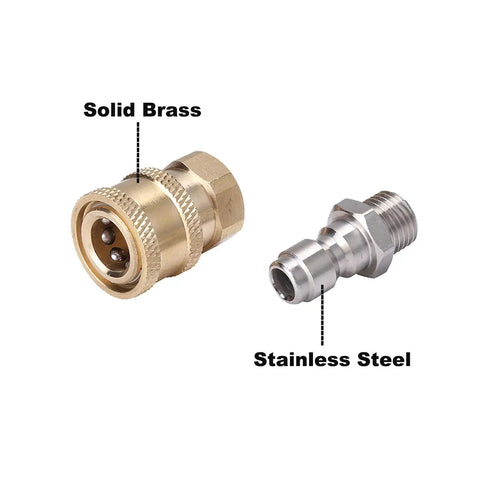 4 Pack Quarter Inch Quick Connect Pressure Washer Adapter Set With Quick Release Couplers, stainless steel and brass components.