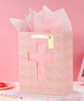 Pink Gift Bag With Cross Window Design And Tissue Paper 10 By 5 By 13 Inches Ideal Baptism Gift Bag For Girls First Communion