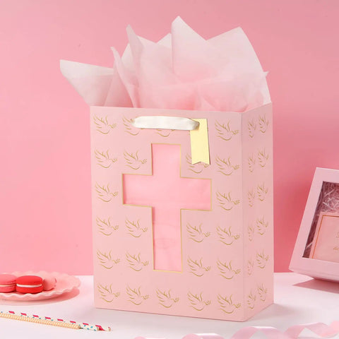 Pink Gift Bag With Cross Window Design And Tissue Paper 10 By 5 By 13 Inches Ideal Baptism Gift Bag For Girls First Communion