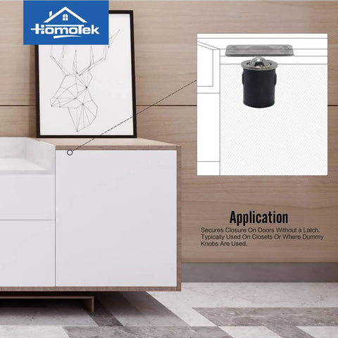 Four Pack Concealed Ball Catch With Matching Strike Plate For Closet Doors Satin Nickel Die Cast Adjustable Tension shown on cabinet.