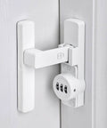 Matte White 90 Degree Mechanical Password Lock for Doors and Cabinets, 3 Digit Keyless Flip Latch With Combination installed on door.