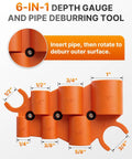 6-in-1 depth gauge and pipe deburring tool for Slick 17 Piece Plumbing Kit with measurements for various pipe sizes.