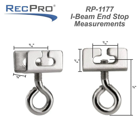 Black 2 Pack RV End Stops For I Beam Curtain Rods, Adjustable Metal End Stop System, Easy Install, 1 1/8 Inch High By 1/2 Inch Wide, Durable Track Accessories For Camper Curtains. Silver metal I-beam end stop with ring hook, measured view