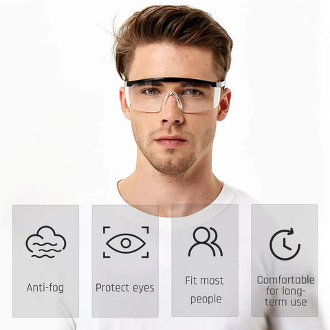 Man wearing clear anti fog safety glasses with UV400 protection, anti scratch lenses, adjustable temples, unisex eyewear.