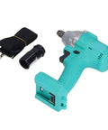 Electric Impact Wrench 1/2 Inch Drive Brushless Motor Delivering High Torque Up To 330Nm For Auto Repair Construction Home Diy Projects Includes Lithium Battery And One Button Direction Switch with accessories, showing teal color and tool components.
