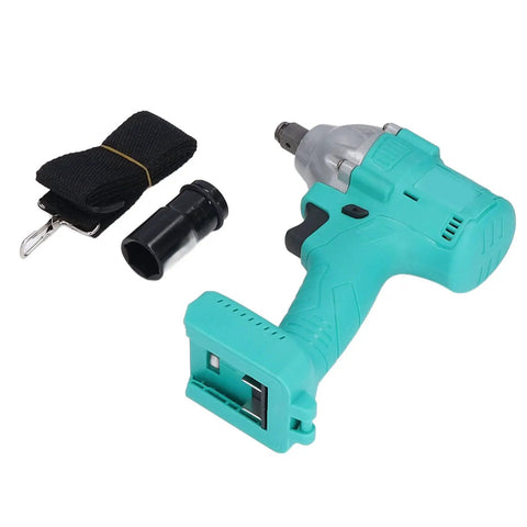Electric Impact Wrench 1/2 Inch Drive Brushless Motor Delivering High Torque Up To 330Nm For Auto Repair Construction Home Diy Projects Includes Lithium Battery And One Button Direction Switch with accessories, showing teal color and tool components.