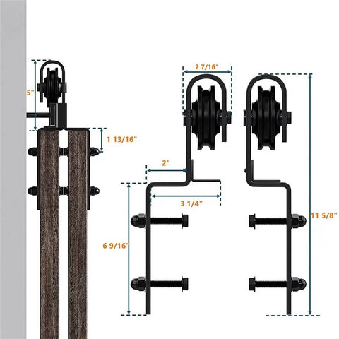 Smooth Quiet Sliding Barn Door Hardware Roller Kit For Double Doors Black Bent J Hanger System installation diagram.