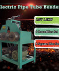 Jaryannix Heavy Duty Electric Pipe Bender For Stainless Steel Tube Roller Bending Machine W/ Nine Round And Eight Square Die Sets 1.5kw 110v Power Unit shown at an angle, displaying steel rollers and motor.