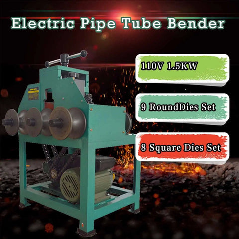 Jaryannix Heavy Duty Electric Pipe Bender For Stainless Steel Tube Roller Bending Machine W/ Nine Round And Eight Square Die Sets 1.5kw 110v Power Unit shown at an angle, displaying steel rollers and motor.