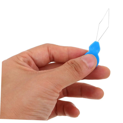 Portable Needle Threader Set For Hand Sewing And Machines Gourd Shaped Plastic Tool 100 Pcs Pack No Fuss Threading For Embroidery And DIY Crafts Cross Stitch Quilting On The Go Travel Friendly Use, blue plastic threader in hand