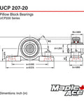 Built Tough Pillow Block Bearing With One And A Quarter Inch Bore, 2 Bolt Self Aligning, R3 Triple Lip Seal, technical diagram