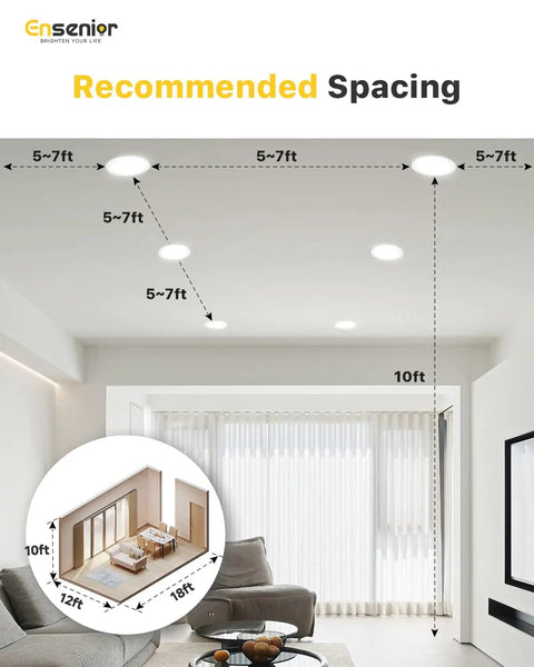 Room with ceiling showing Six Pack 6 Inch Ultra Thin LED Recessed Light With Junction Box 2700K To 6000K Selectable Color Temperature Dimmable 12W 1200LM 110W Equivalent ETL Certified Easy Install lighting layout