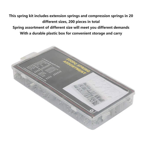 Ultimate 200 Pcs Spring Assortment Kit With 20 Sizes For Any Home Repair Job Featuring Heavy Duty Extension And Compression Springs Stored In a Snazzy Organized Box For Super Easy Access And Quick Fixes., clear plastic box with 200 spring assortment