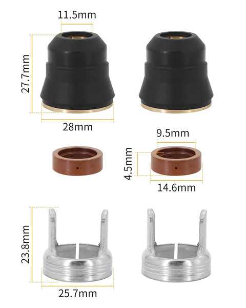 Pro Grade Replacement Parts Kit For Plasma Cutter Torch Tips For Harbor Freight 45 And 65 Torches Plug And Play Compatible With TI PC45 IPT 45 56255 56811 TI PC65 IPT 65 58895 Cutting Machine Two Sets, shown with component dimensions.