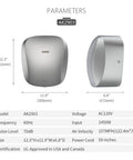 Front and side views of Heavy Duty Hand Dryer With HEPA Filter UL Approved 120V 1400W Brushed Stainless Steel Finish Model AK2903.