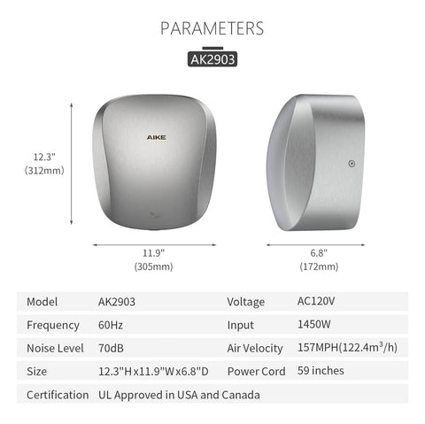 Front and side views of Heavy Duty Hand Dryer With HEPA Filter UL Approved 120V 1400W Brushed Stainless Steel Finish Model AK2903.