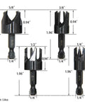 Heavy Duty Wood Plug Cutters Drill Bit Set With Quarter Inch Hex Shank displaying 1/4, 3/8, 1/2, and 5/8 inch carbon steel bits.