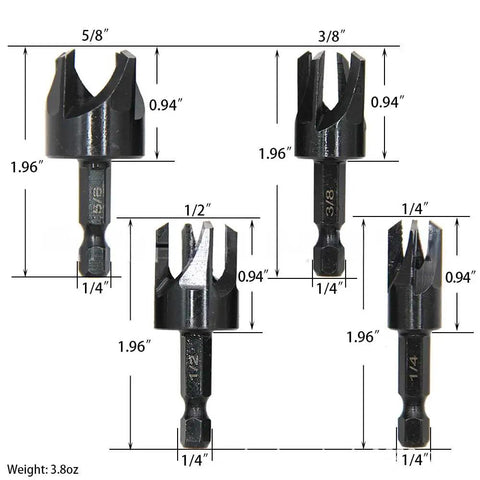 Heavy Duty Wood Plug Cutters Drill Bit Set With Quarter Inch Hex Shank displaying 1/4, 3/8, 1/2, and 5/8 inch carbon steel bits.