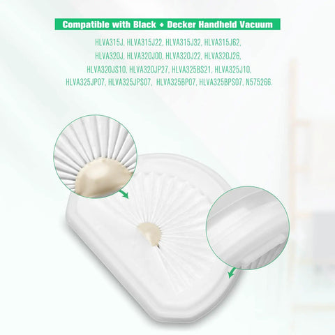 Close-up of Must Have Eight Pack Hand Vacuum Filters For Black And Decker VLPF10 Replacement Filter showing compatibility details.